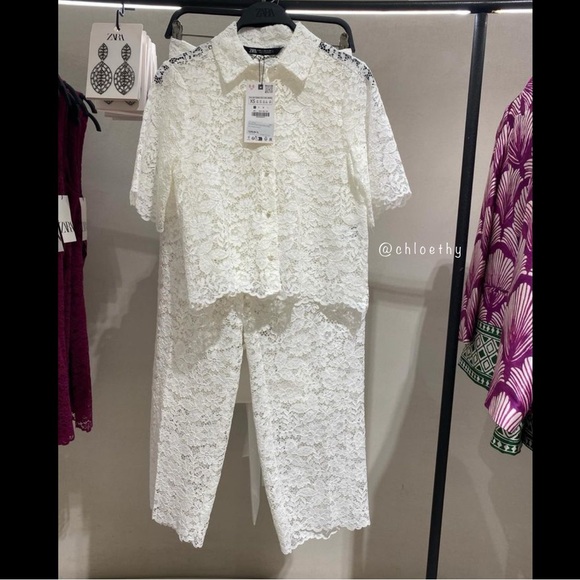 Zara LACE DETAIL CROPPED PANTS - Picture 9 of 9